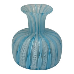 Late 20th Century Murano Zanfirico Swirl Ribbon Glass Italian Art Flower Bud Vase Venetian Blue Whit