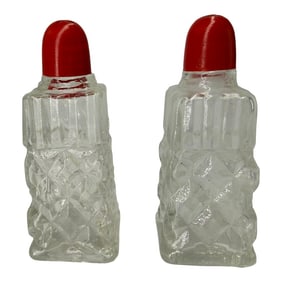 1950s Salt & Pepper Shakers Diamond Patterned Glass Red Top MCM Japan