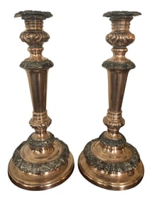 Antique Late 19th Century Arts and Crafts Silver Over Copper Candlesticks - a Pair