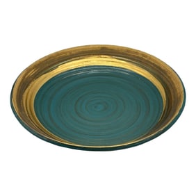 Signed Stoneware Centerpiece Bowl in Teal & Gold Gilt