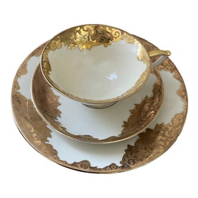 1940s PMR Bavaria Jaeger & Co. Teacup With Saucer and Dessert Plate - Germany Us Zone (Gold)