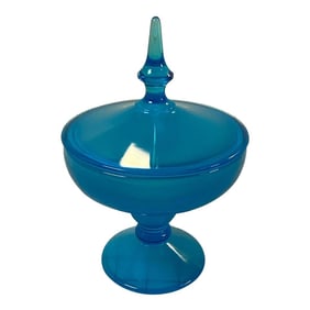 Vintage Mid Century Modern Blue Glass Covered Candy Dish