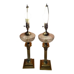 Vintage Swirled Glass & Brass Lamps, a Pair