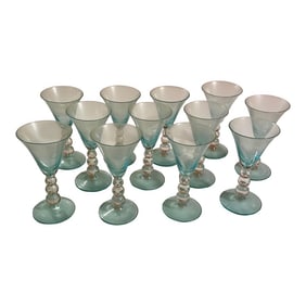 1960s One Dozen (12) Vintage Turquoise Glass Cordials With Bubble Stems