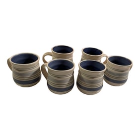 1990s Six (6) Vintage Pfaltzgraff Mugs With Blue Stripes