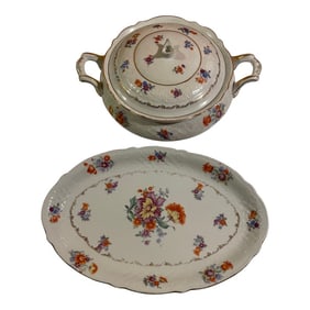Vintage Bavarian Platter & Covered Dish in Colorful Flower Pattern