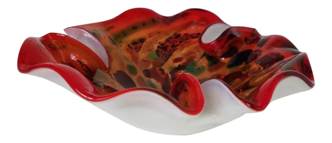 Mid Century Red and Gold Murano Art Glass Bowl Dish: Stunning red Murano art glass bowl that can serve as an ashtray, candy dish, or simply as a decorative item. Has iridescent gold, copper and turquoise flecks forming patterns from the center of the di