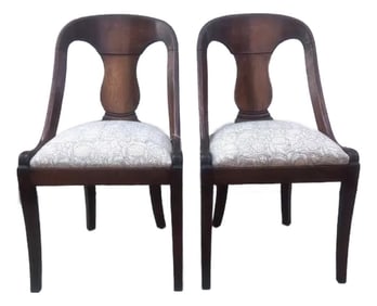 Late 19th Century French Empire Style Chairs With Floral Block Print Linen Upholstered Seat - A Pair