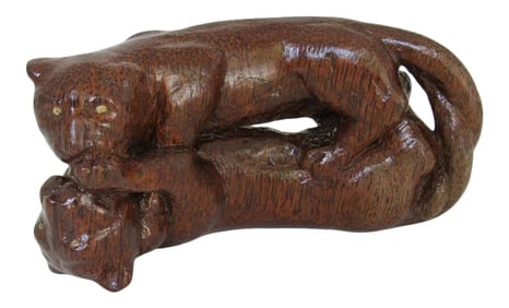 Antique Asian Red Palm Wood Panthers Figurine