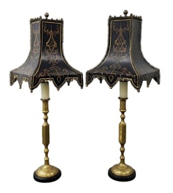 Pair of Mid-Century Black & Gold Tole Lamps With Gothic Revival Pagoda Shades