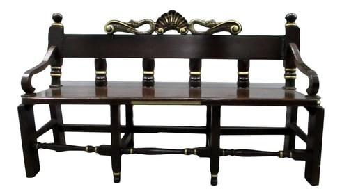 1950s Three Seater Carved Wooden Bench Black and Gold With Italian Dolphins and Shell Design
