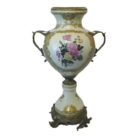 1940s Hand-Painted Porcelain & Gilded Bronze Rococo Style Trophy Vase