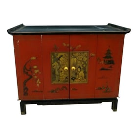 1940s Vintage Asian Black and Red Lacquer Cabinet With Bifold Doors