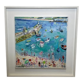 British Expressionist Nautical Oil Painting St Ives Smeaton's Pier Beach Fun in the Sun Cornwall by
