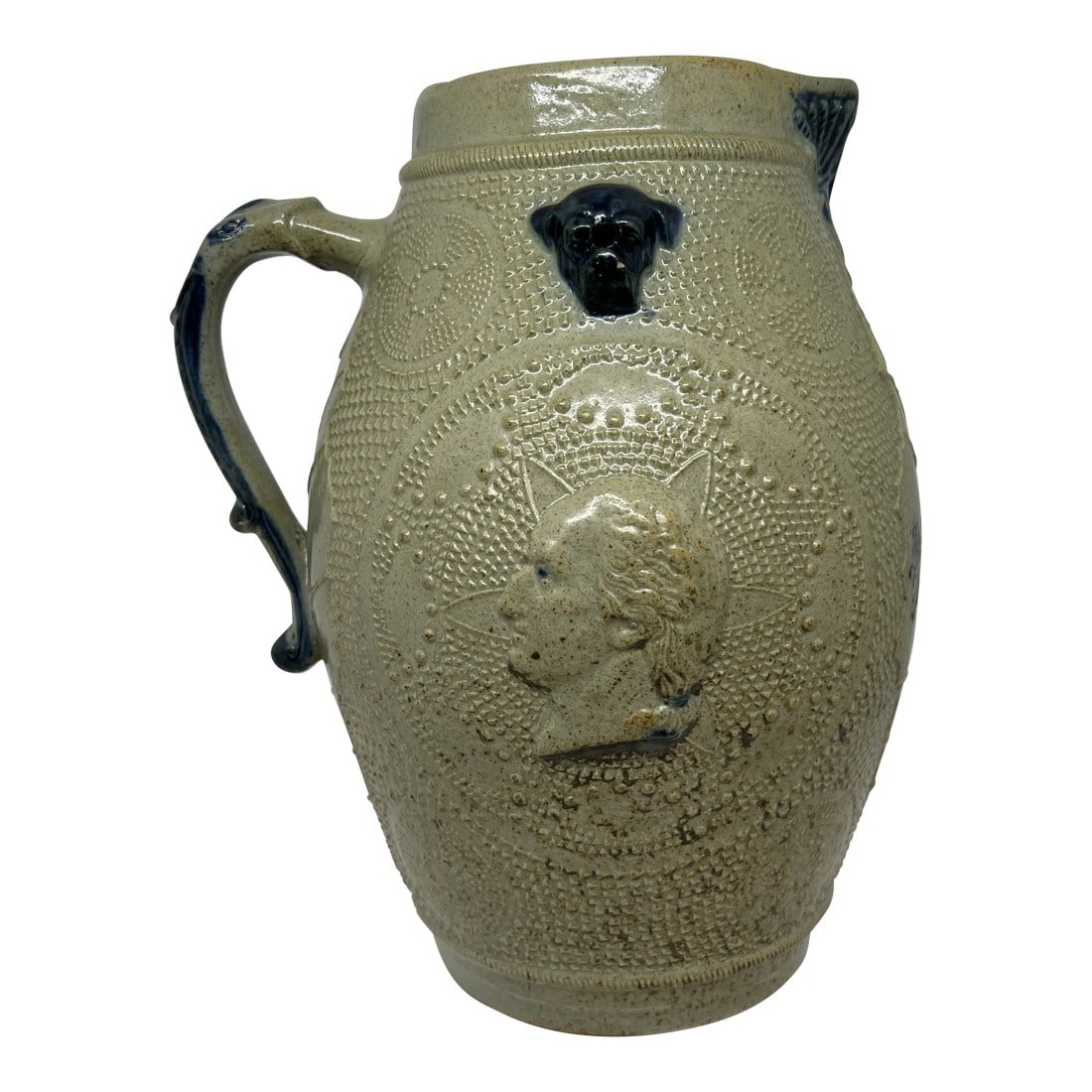 Late 19th Century Antique Whites Utica Salt Glazed Jug: Antique salt-glazed pitcher from the 1800s. There is a bulldog on each side along with a male face. There are some chips along the rim but overall the piece is in great shape given its age. Condition: