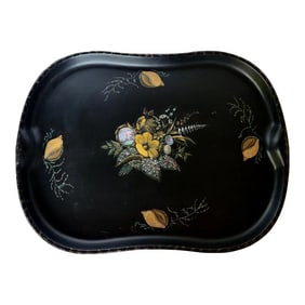 Vintage Black Tole Tray With Shells and Flowers