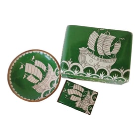 Early 20th-Century Chinese Green Cloisonnè Smoking Set (3 Pieces) With Ship Motif