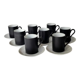 Kenji Fujita Black and White Porcelain Demitasse or Tea Cups and Saucers - Set of 8