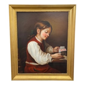 Traditional British Victorian Oil Painting Girl Playing House of Cards