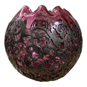 Vintage Blown Glass Vase With Metal Overlay