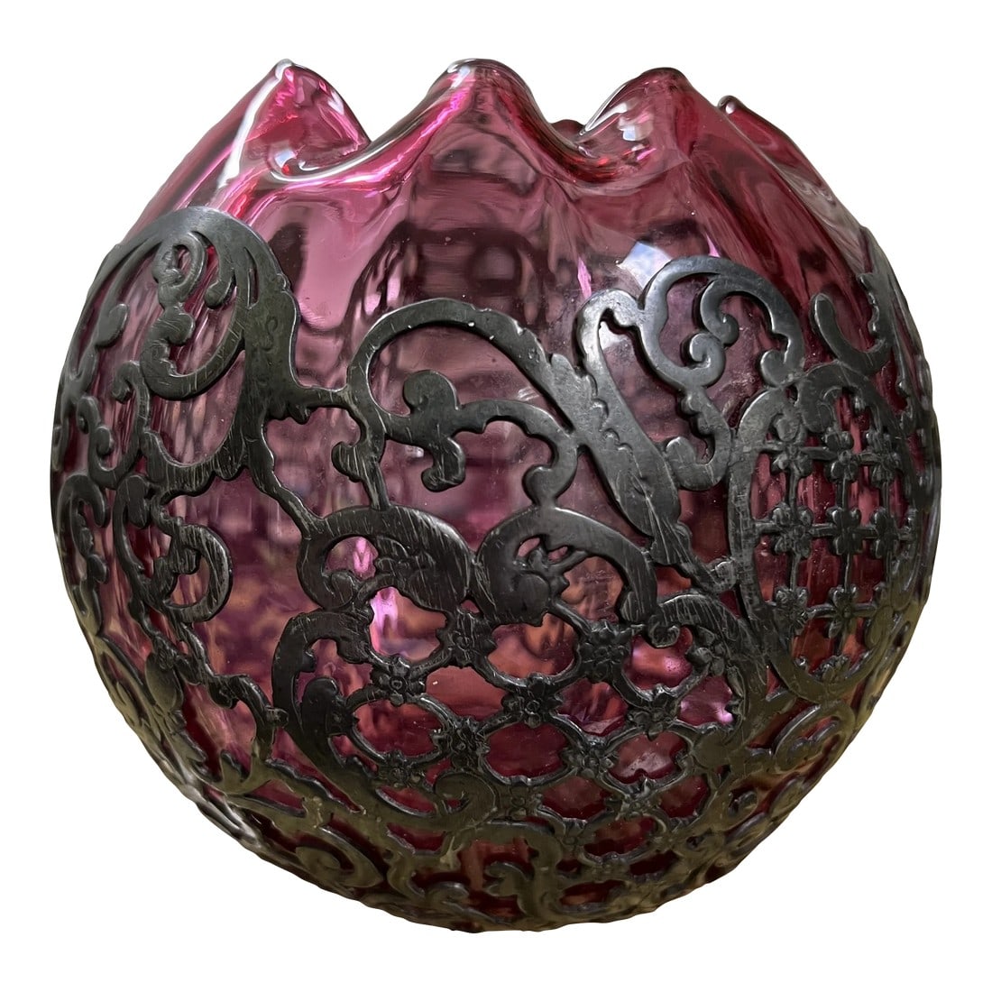 Vintage Blown Glass Vase With Metal Overlay: Unique blown cranberry glass base with intricate metal overlay. Beautiful! Condition: Alterations: Original Condition Unaltered Imperfections: Some Imperfections Condition Notes: No chips or cracks. D
