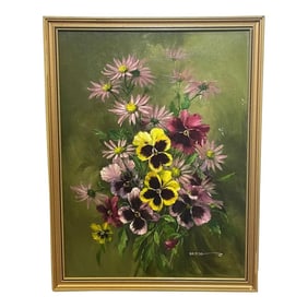 Traditional British Oil Painting Flowers Pansy's & Daisies by Elizabeth Bridge Ri Roi