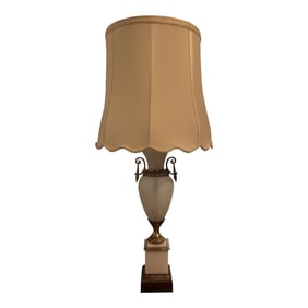 1940's White Opaline Glass and Ormolu Lamp With Silk Shade