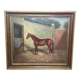 Antique Early 20th Century English Oil Painting Race Horse 'Spion Kop' Winner Derby Stakes by Freder