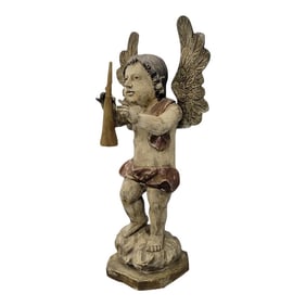 Vintage Filipino Folk Art Carved Wood Painted Cherub, Putti, Angel Statue