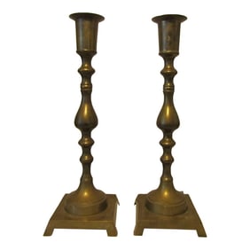 1940s Brass Church Candle Pillar Holders Stands With Square Base - a Pair