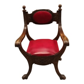 1910s Antique Carved Walnut and Red Leather Italian Throne Chair With Nailhead Trim