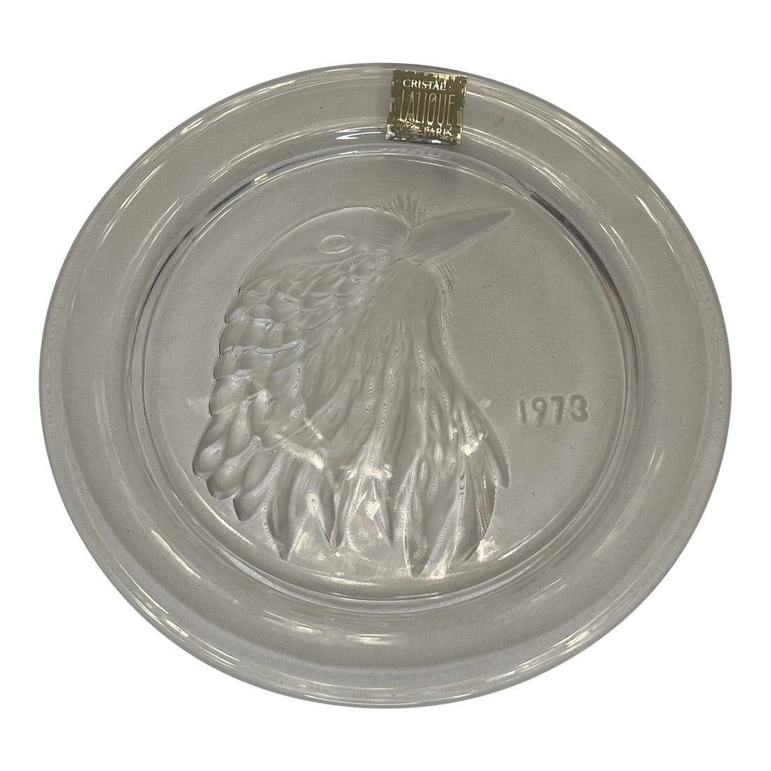 1973 Lalique Crystal Jayling Bird Plate: Beautiful 1973 annual plate made by Lalique. Beautiful Jayling Bird etched in the center. Marked with Lalique Cristal Paris Condition: Alterations: Original Condition Unaltered Imperfections: Some Imp
