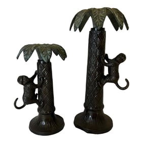 Vintage Bronze Palm Tree Candlesticks With Monkeys