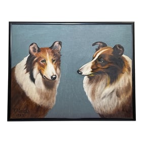 British Oil Painting Scottish Highland Brown & White Rough Collie Dogs Follower Benedict Angell Hyla