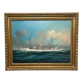 Mid 20th Century Anglo-Chinese Seascape Oil Painting of HMS Alacrity Steam Sail Ship, Framed