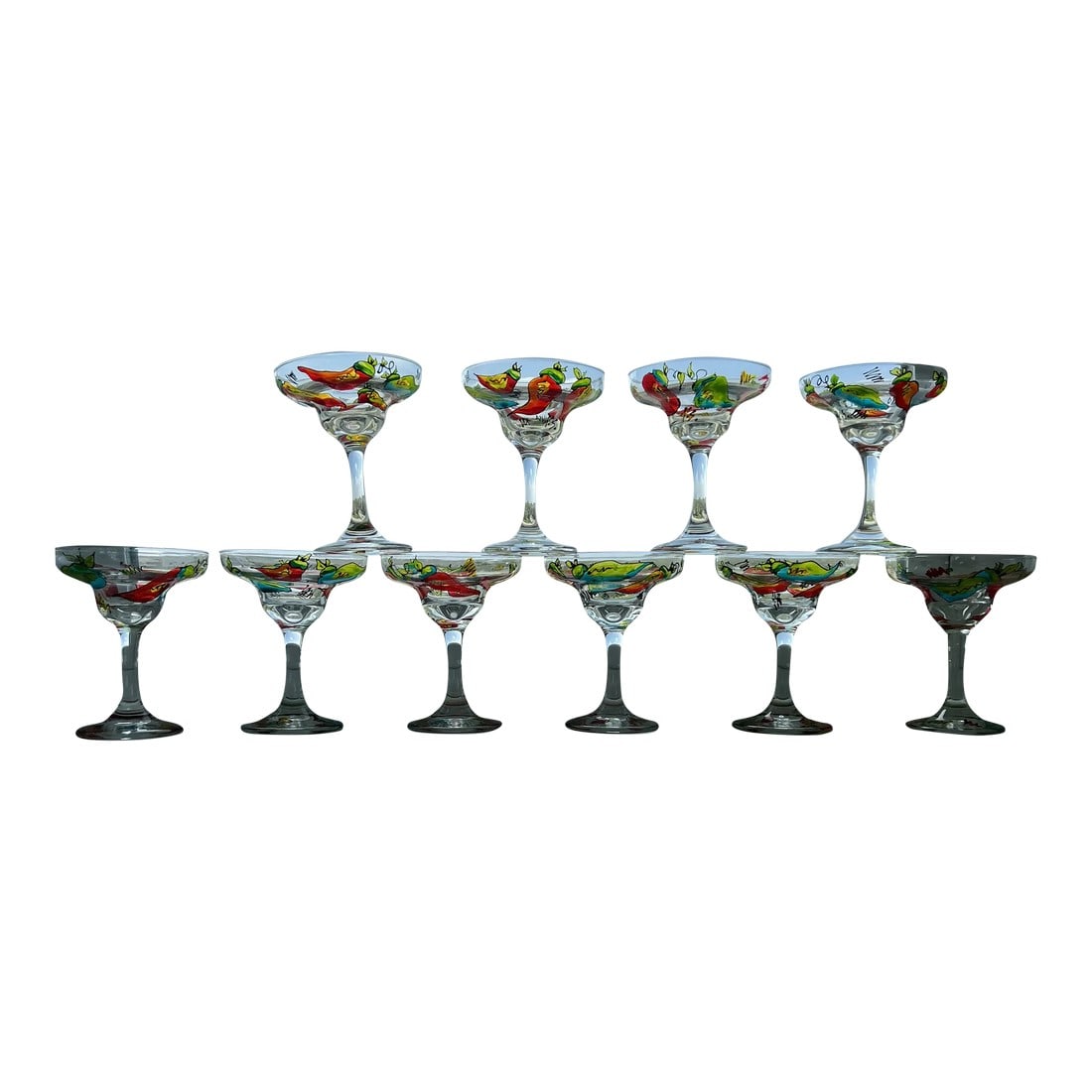Hand Painted Margarita or Champagne Glasses Set of 10: Set of 10 hand painted margarita glasses in vibrant reds, greens and oranges. They are signed KM. Condition: Alterations: Original Condition Unaltered Imperfections: Some Imperfections Condition Notes