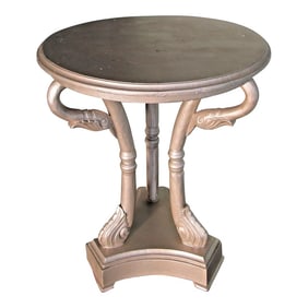 1950s Hollywood Regency Three Swan Legged Round Wooden Pewter Painted Side Table