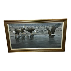Vintage Realist Painting of North American Bald Eagles Gathering Fishing by Justin Prigmore