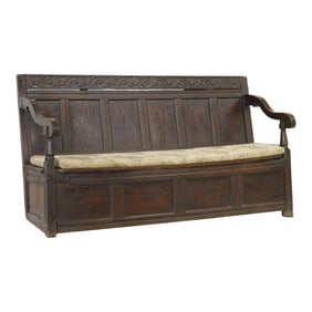 English Oak Hall Storage Settle Bench, 18th C.
