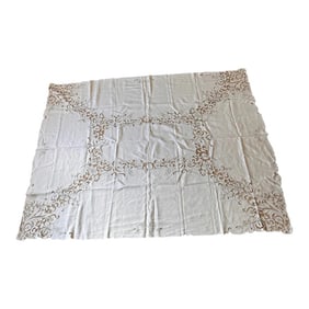 Madeira Style Linen Tablecloth Gray Embroidered Cutwork on Cream