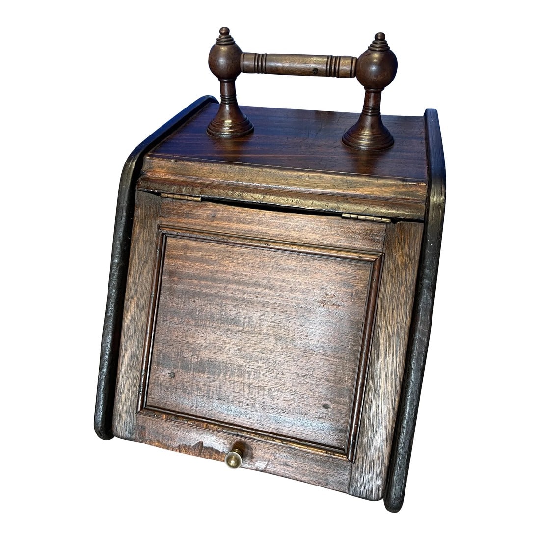 Antique Coal Scuttle With Scoop: Antique coal scuttle made of wood from the 19th century. It has a metal liner that is removable. The scoop appears to be made of copper with a turned wood handle. The scuttle itself also has a turned
