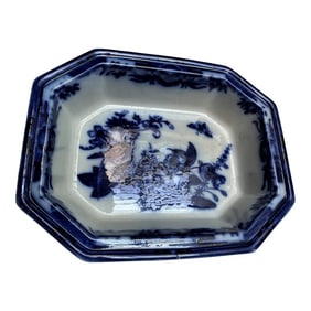 Antique R & M Dark Flow Blue Pheasant Pattern Octagonal Oval Serving Bowl