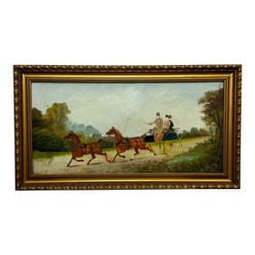 Antique British Edwardian Oil Painting of Horses & Carriage Coachman Riders Signed Philip H. Rideout