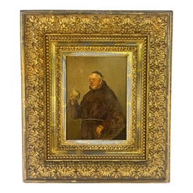19th Century Portrait Painting of Monk on Wood in Gilt Frame