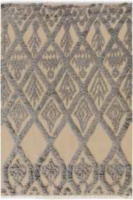 1990s Moroccan High-Low Pile Arya Ivory/Blue Wool Rug -5'0 X 7'0