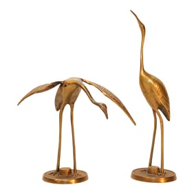 Brass Crane Bird Sculptures 1960s Set of Two Vintage Hollywood Regency Asian Style