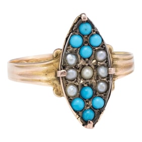 Victorian circa 1896 Seed Pearl Turquoise Ring Vintage 15 Karat Yellow Gold size 9