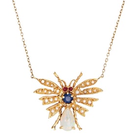 Early 20th Century Vintage Art Deco Insect Necklace Opal Sapphire Seed Pearl Ruby 14k Gold 18.5"