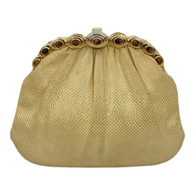 Judith Leiber Beige Lizard Tiger Eye Gemstone Clutch