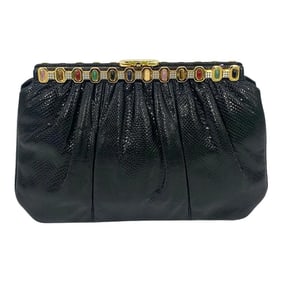 Judith Leiber Black Lizard Multi Colour Gemstone Top Clutch